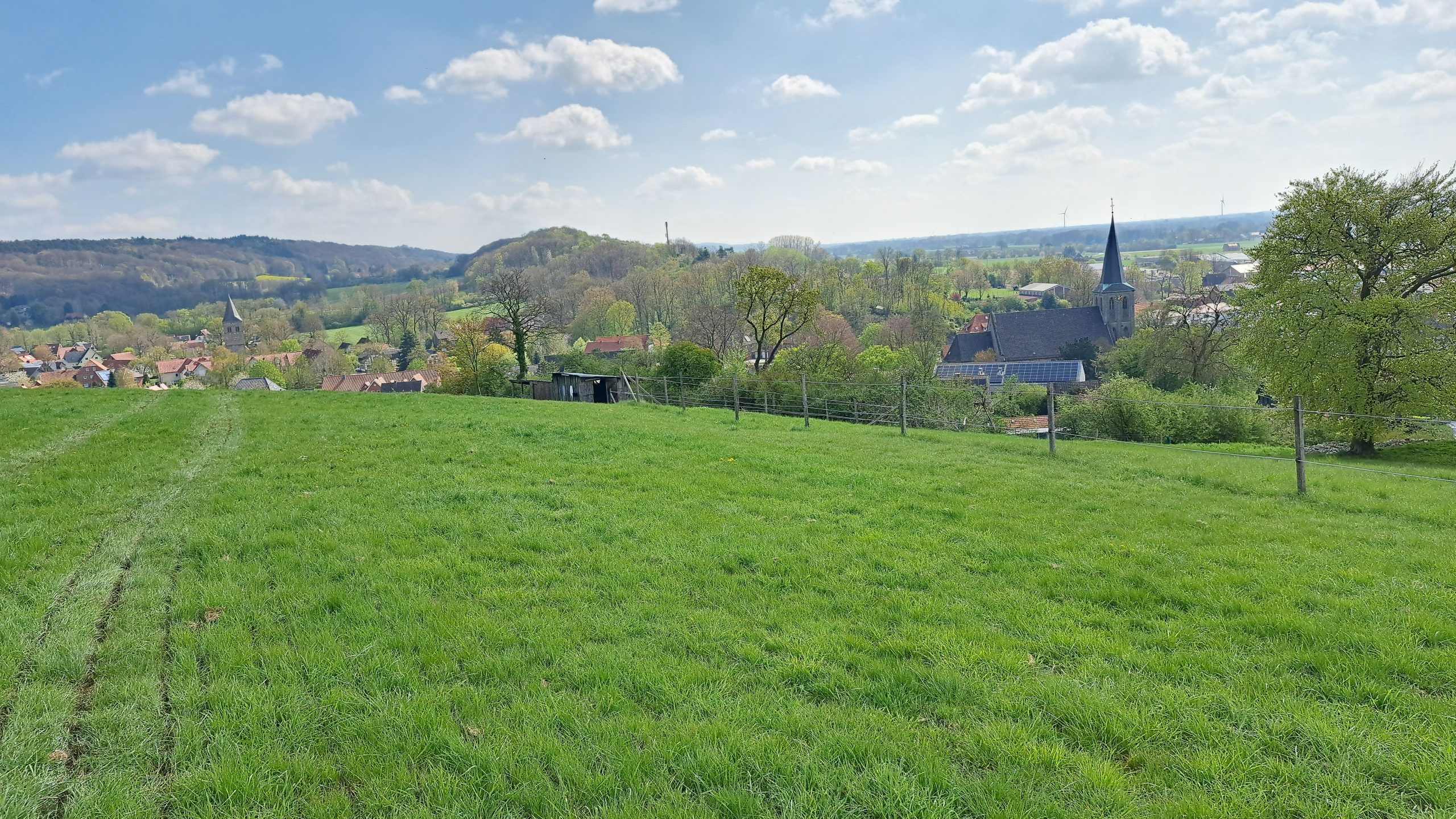 Blick über Wiesen auf Brochterbeck mit Kirche